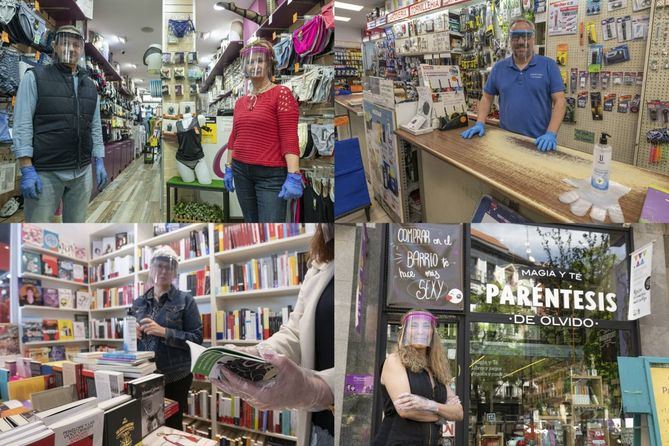 De izquierda a derecha y de arriba a abajo, propietarios en sus comercios del barrio de Lavapiés: Confecciones Mary, Ferretería Lavapiés, Librería del Mercado y Paréntesis de olvido. Magia y té.