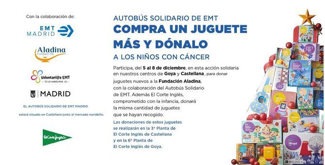 El autobús solidario de la EMT aparca en nuestras calles y recoge juguetes nuevos para los niños con cáncer