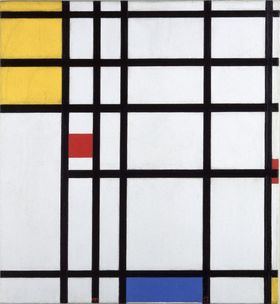 Piet Mondrian, 'Pintura II 1936-43, con amarillo, rojo y azul. Oleo sobre lienzo (60x55 cm). Moderna Museet, Stockholm.