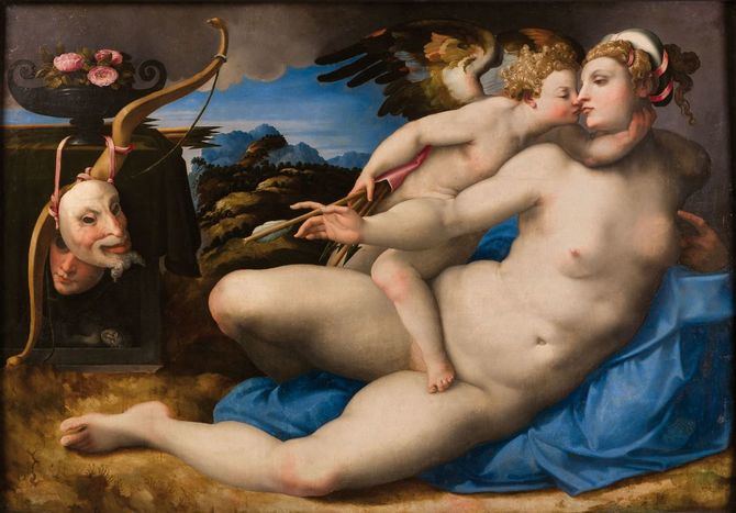 'Venus besada por Cupido'. Hendrik van der Broeck, según Miguel Ángel. Óleo sobre tabla, 120x195 cm
h. 1550-1570. Nápoles, Museo e Real Bosco di Capodimonte
