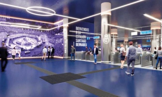 El diseño interior de la estación, una vez renovada, incorporará una tematización inmersiva, con alusiones al estadio y a la historia del club blanco.