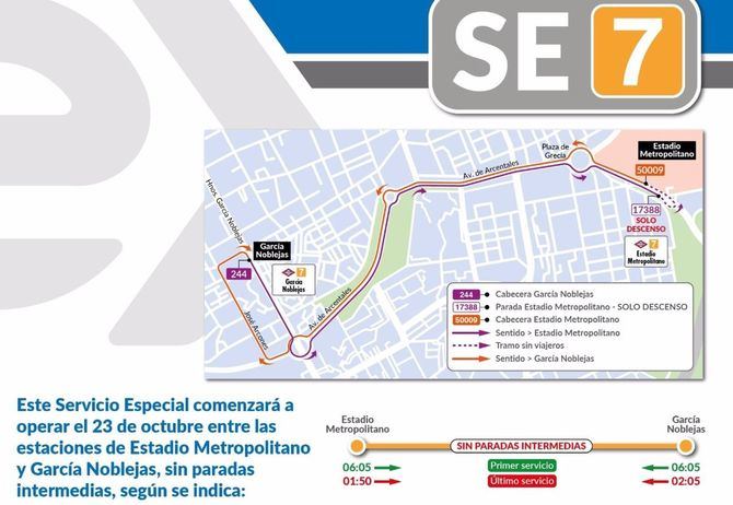La EMT ha puesto en marcha un servicio especial de autobús gratuito con el objetivo de enlazar las estaciones García Noblejas y Estadio Metropolitano de la línea 7 de metro, para suplir el cierre por obras en la línea de suburbano.