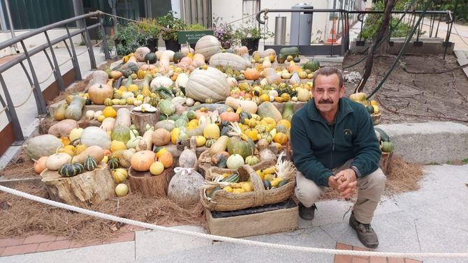 El técnico de Jardinería y responsable del huerto, Eustaquio Bote, posa junto a la colección de calabazas una vez concluida su instalación.