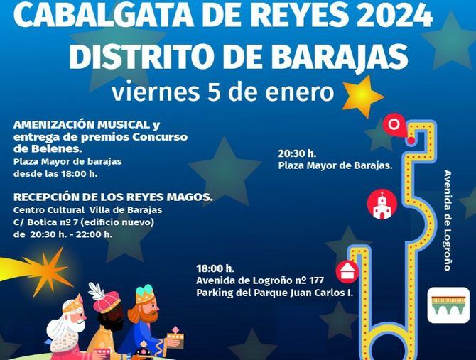 Al finalizar la Cabalgata, los Reyes Magos se dirigirán al Centro Cultural Villa de Barajas (Botica, 7), donde se celebrará la tradicional recepción, en la que los más pequeños podrán saludarlos de cerca.