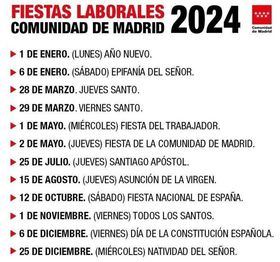 Calendario de las fiestas laborales en 2024, en la Comunidad de Madrid.