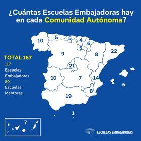 Finalmente, han sido elegidos 117 de todas las comunidades autónomas y de Melilla. Además, 50 centros de 15 comunidades se han convertido en MEPAS (escuelas mentoras que llevan más de tres años en el programa y trabajan como referentes en su comunidad con las otras Escuelas Embajadoras).