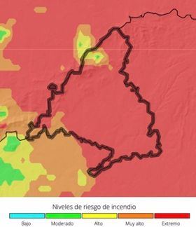 Desde este martes, el riesgo de incendios ha aumentado en la región, por lo que ya es extremo (la máxima categoría) en casi toda la Comunidad de Madrid según el mapa de riesgo de la Agencia Estatal de Meteorología (Aemet).