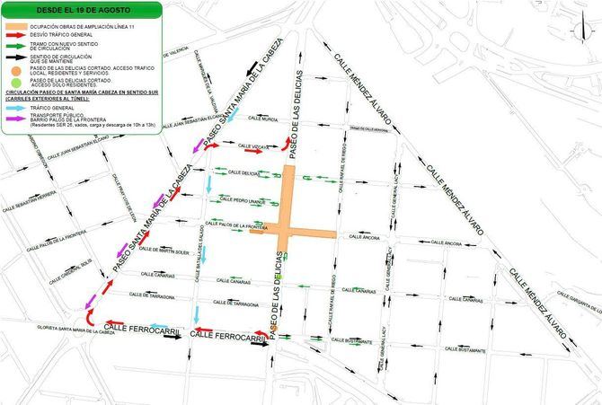 Los tramos cortados al tráfico desde el lunes van del paseo de las Delicias –entre las calles de Vizcaya y Canarias–, de la calle de Áncora –entre las calle de Rafael de Riego y paseo de las Delicias–, afectando a la intersección de ambos viales con la calle de Palos de la Frontera.