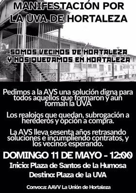 La manifestación, convocada por la Asociación Vecinal La Unión de Hortaleza, recorrerá las calles de Mar Caspio y Mar de las Antillas, para finalizar en el Local Asociativo de la UVA.