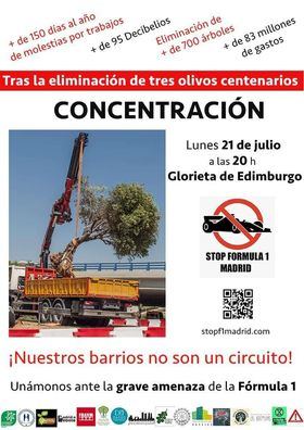 La Plataforma Stop Fórmula 1 Madrid, que reúne a varias asociaciones vecinales y ecologistas, ha convocado una concentración este lunes, 20 de julio, a las 20.00 horas, en la glorieta de Edimburgo contra la 'eliminación de tres olivos centenarios'.