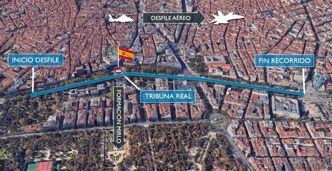 El desfile, que dará comienzo a las 11.00 horas, se realizará a lo largo del paseo del Prado y del paseo de Recoletos. Se iniciará a la altura de la glorieta del Emperador Carlos V y finalizará su recorrido en la plaza de Colón.