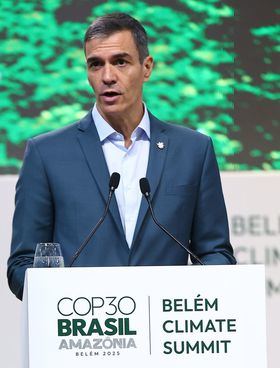 El presidente del Gobierno, Pedro Sánchez, durante su participación en la Cumbre del Clima de Belém (Brasil).