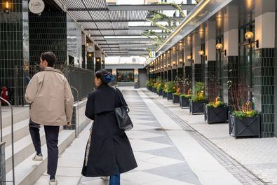 Un paseo adoquinado, coronado por un gran lucernario, con acceso desde las cuatro calles de la manzana: Paseo de la Castellana, Doctor Fleming, Félix Boix y Carlos Maurrás.