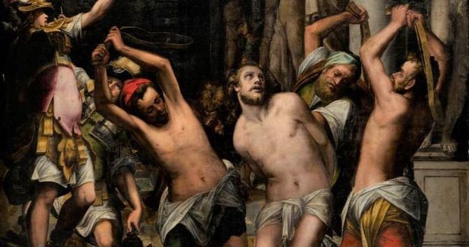 El pintor Angelino Medoro plasmó en 'La flagelación de Cristo' (1586) su dominio del dibujo y del color, así como su clara relación con el 'Manierismo' italiano. Representa la única obra firmada y fechada por el artista anterior a su traslado a América.