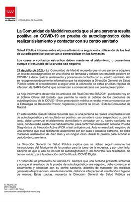 La Comunidad publica un documento con los pasos a seguir tras usar los test autodiagnósticos