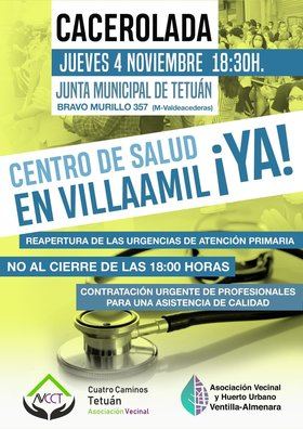 Vecinos de Tetuán convocan una cacerolada este jueves para reclamar la reapertura del centro de salud Villaamil