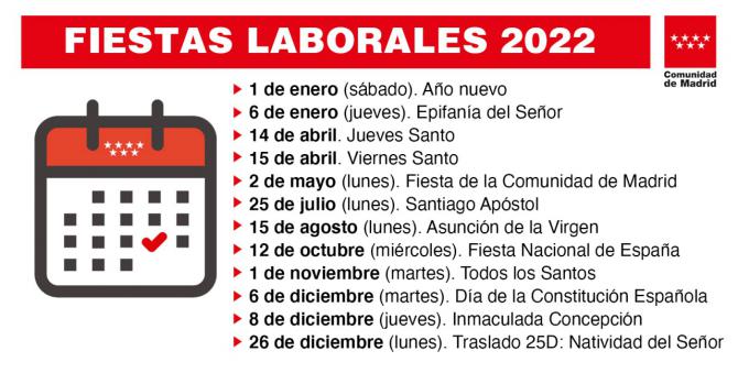 La región de Madrid tendrá 12 festivos en 2022, incluidos el 25 de julio y el 26 de diciembre