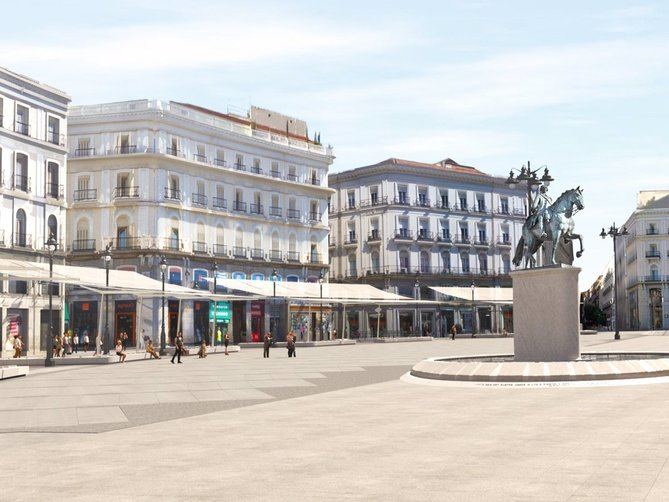 La puerta del Sol tendrá elementos de sombra por primera vez en sus 163 años de vida. Se instalará una estructura auxiliar, de carácter no permanente, que permita la instalación de toldos sobre el paseo semicircular norte de la plaza y sobre los nuevos bancos.