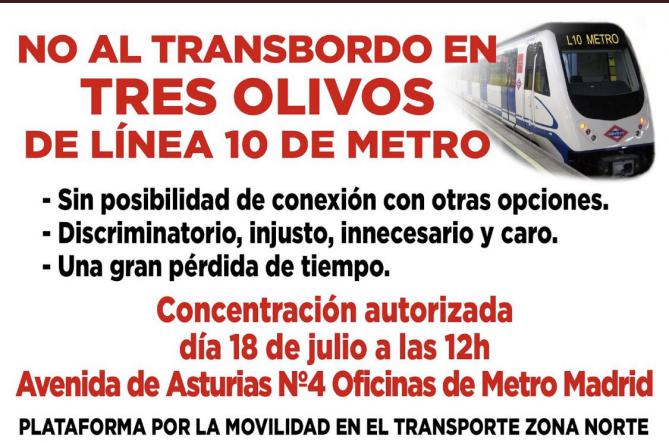 Una plataforma de la zona norte convoca una concentración para exigir a Metro la eliminación del transbordo de Tres Olivos