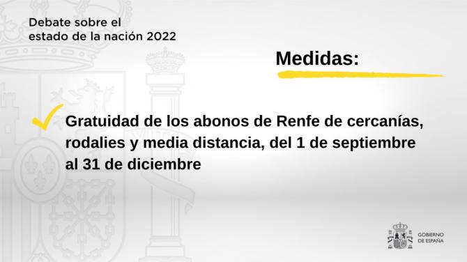 Sánchez anuncia que se bonificará el 100% de los abonos de Cercanías, Rodalies y media distancia de Renfe