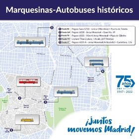 Cinco marquesinas de EMT se visten de autobuses históricos, para celebrar el 75 aniversario de la empresa municipal