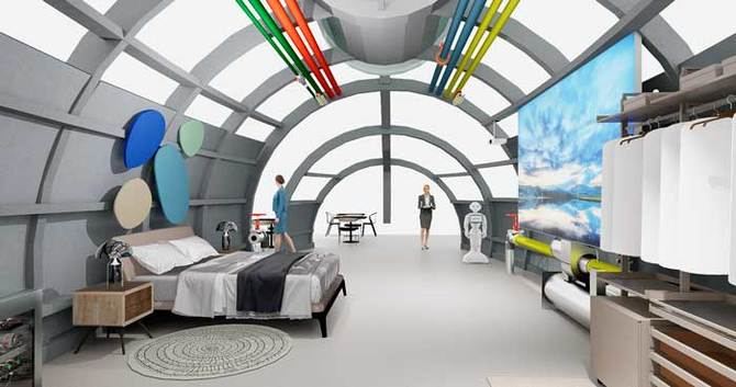 El espacio #techYhotel, ha sido diseñado por el arquitecto e interiorista Miguel Soler, especialista en hoteles y en la creación de espacios temáticos únicos, y recreado por GEODOMOS, expertos en la construcción de domos, geodésicos y construcción sostenible inteligente.