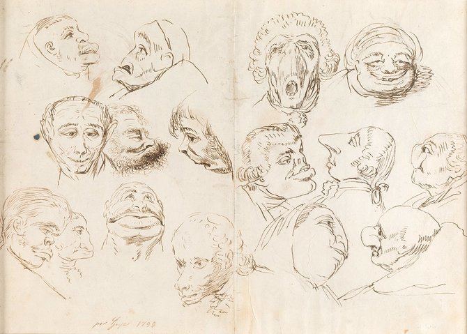 'Dieciséis cabezas caricaturescas y Autorretrato de Goya', h. 1797-98, de 30 x 41 centímetros, es un dibujo, realizado a pluma sepia y lápiz negro sobre papel verjurado, que hizo el artista aragonés para Mariana, esposa del IX Marqués de Santa Cruz, José de Silva y Bazán. 