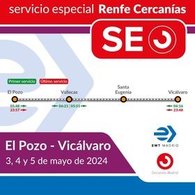 El servicio especial funcionará los días 1 y 2 de mayo, entre las estaciones de Atocha y Vicálvaro, y los días 3, 4 y 5, entre la estación de El Pozo y Vicálvaro.