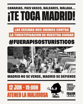 La FRAVM y el Sindicato de Inquilinas e Inquilinos de Madrid han organizado este miércoles un encuentro en contra de la turistificación de los barrios. La cita, desde las 19.00 horas, en el número 12 de la calle de Peñuelas, en La Maliciosa.