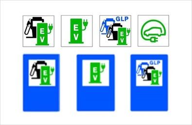 Pictogramas representativos de estaciones de recarga eléctrica dentro de estaciones de servicio.