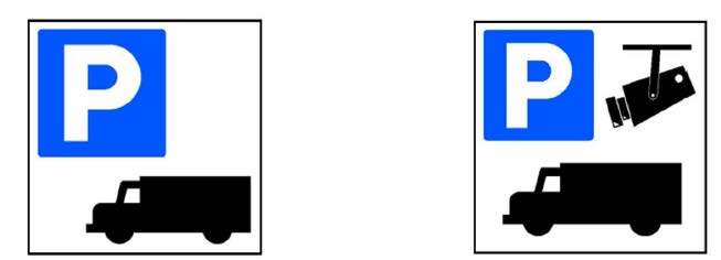 Pictogramas representativos de la presencia de zonas de descanso (derecha) y zonas de estacionamiento seguro y protegido (izquierda).