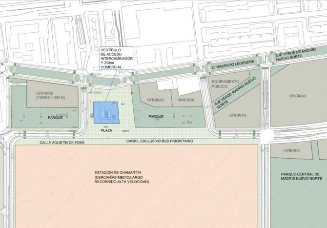 El intercambiador y la estación se integrarán totalmente en la ciudad gracias a una gran plaza peatonal conectada con la red de parques públicos de Madrid Nuevo Norte.