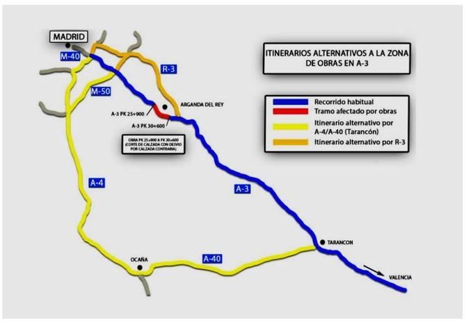 Las obras se prolongarán hasta el 9 de junio, entre los kms. 25,900 y 30,600 de la A-3, con desvíos por el carril izquierdo de la calzada izquierda (sentido Madrid).