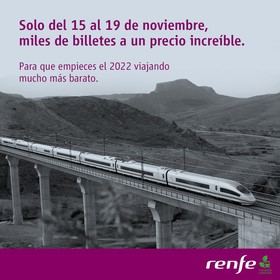 Renfe se suma al 'Black Friday' y promociona billetes de AVE y Larga Distancia para viajar en 2022