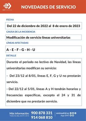 Las líneas de la EMT universitarias E, F, G y U no prestarán servicio desde este viernes y hasta el 8 de enero