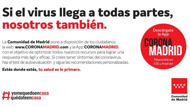 Esta aplicación móvil se suma a la página www.coronamadrid.com, estrenada hace ahora cuatro días, visitada ya por más de dos millones de internautas y que ha realizado 200.000 autoevaluaciones del coronavirus.