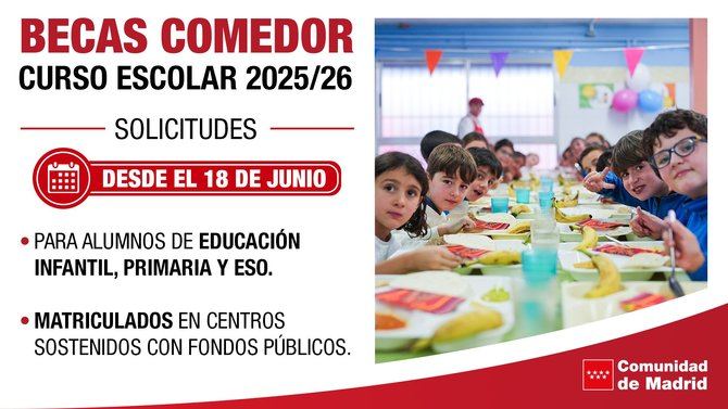 La Comunidad de Madrid abre este miércoles el plazo de solicitud de las becas de comedor, dotadas con 68 millones