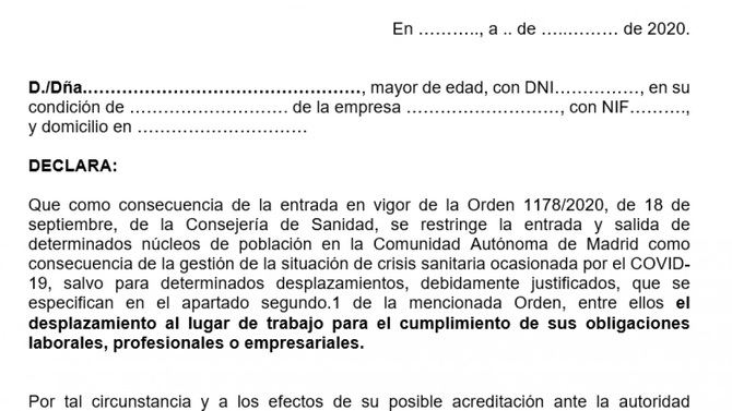 La Comunidad elabora un modelo orientativo de certificado para justificar la entrada y salida de las zonas afectadas