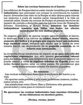 El barrio de Prosperidad amanece empapelado de carteles contra la 'ruina y precariedad' de las cocinas industriales