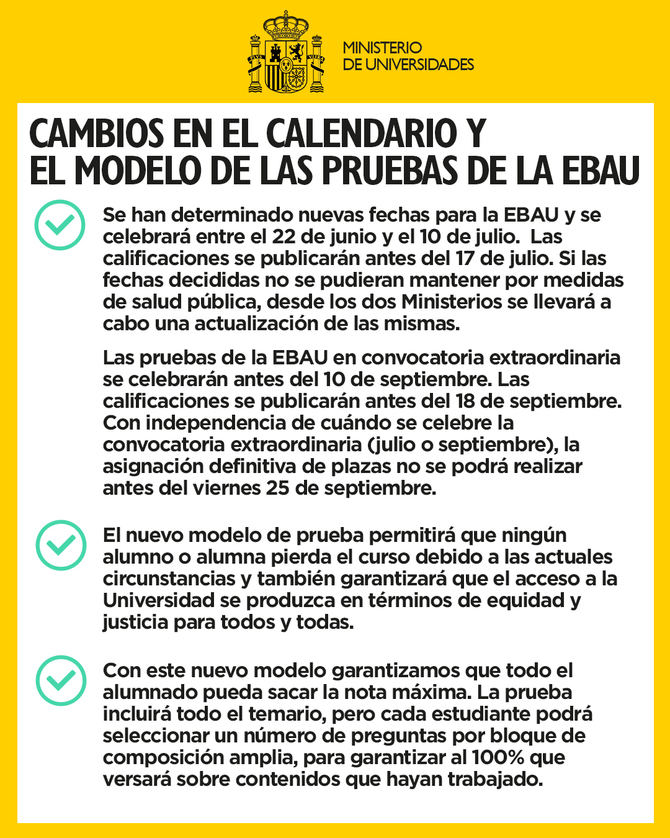 La Selectividad se celebrará entre el 22 de junio y el 10 de julio y el curso sigue en marcha