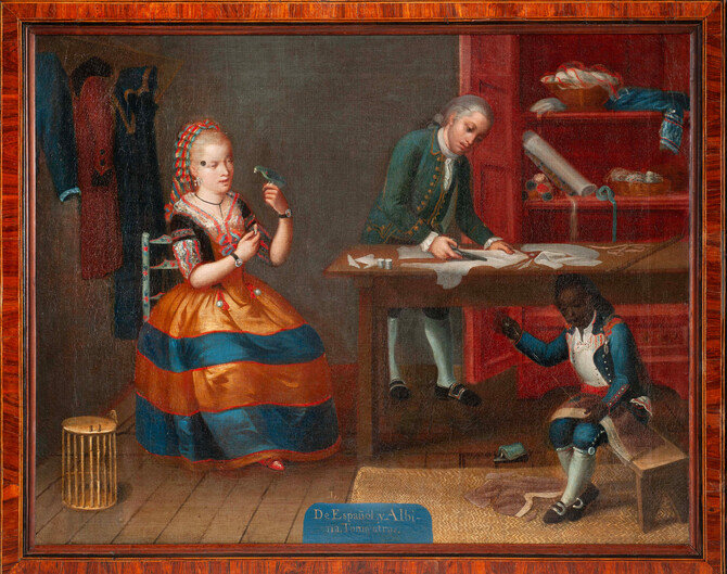 La muestra recopila 24 cuadros agrupados en series de retratos de parejas y sus descendientes, acompanados de inscripciones que identifican las distintas combinaciones raciales o el origen de esos enlaces.