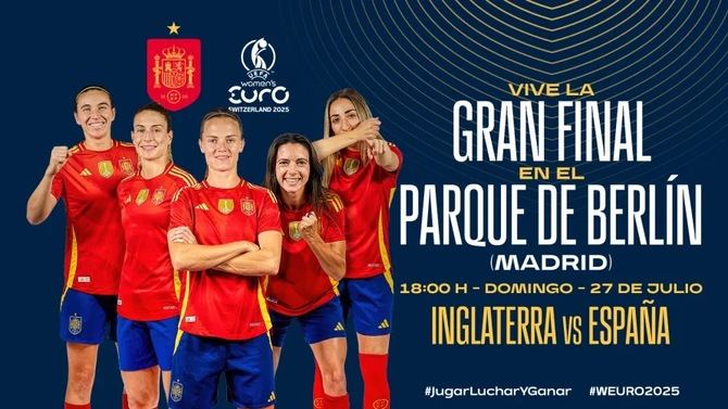 La final de la Eurocopa Femenina entre las selecciones de Inglaterra y España se podrá seguir en directo en el parque de Berlín, en el distrito de Chamartín, donde la Real Federación Española de Fútbol (RFEF) instalará una pantalla gigante, con entrada libre.