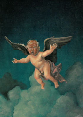 Su obra central, 'Death of Eros', representa a líderes históricos como querubines grotescos, cuestionando el poder y la legitimidad moral.