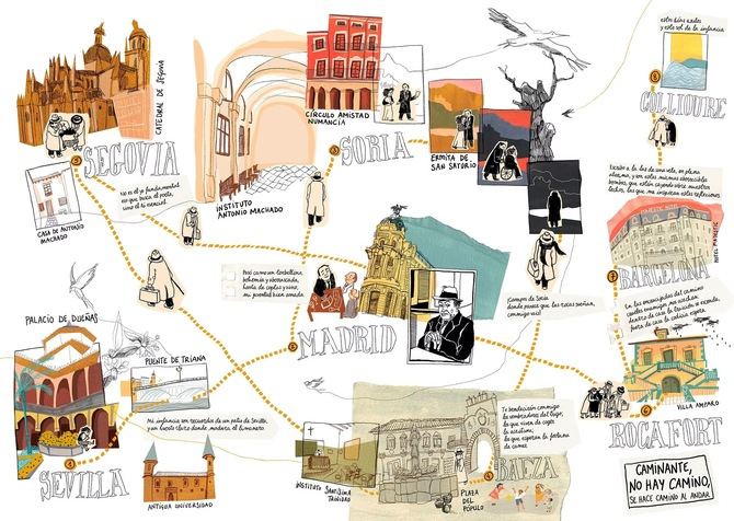 El mapa literario ‘Antonio Machado: Ligero de equipaje’ busca abrir una ventana nueva a través de un documento gráfico que recorre la vida del autor en los lugares de la geografía española y francesa que marcaron tanto su vida como producción literaria.