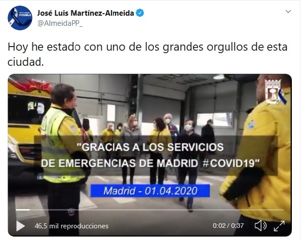 El alcalde, José Luis Martínez-Almeida, agradece a diario la labor de los Héroes de la Ciudad